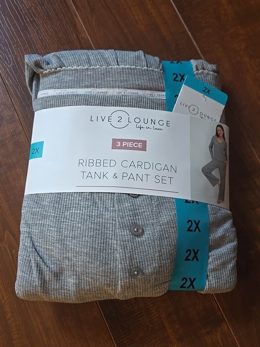 Live 2 Lounge Ribbed Cardigan Tank & Pant Set - Gray 2X